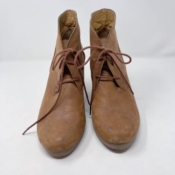 Lucky Brand Womens 8.5 Tan Suede Taheeti Lace Up Wedge Booties Leather Heel - Picture 2 of 13